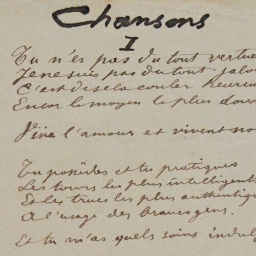 Manuscrit du premier poème des "Chansons pour elle" de Paul Verlaine