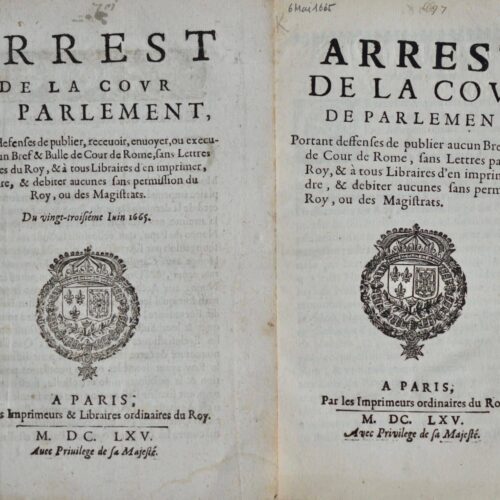 2 imprimés du XVIIe siècle, interdisant la publication des bulles papales sans autorisation du Roi