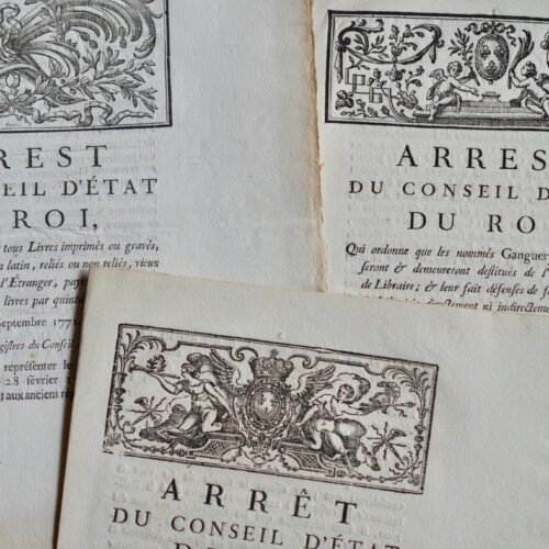 3 arrêts du Conseil d'État du XVIIIe sur la librairie et le commerce du livre