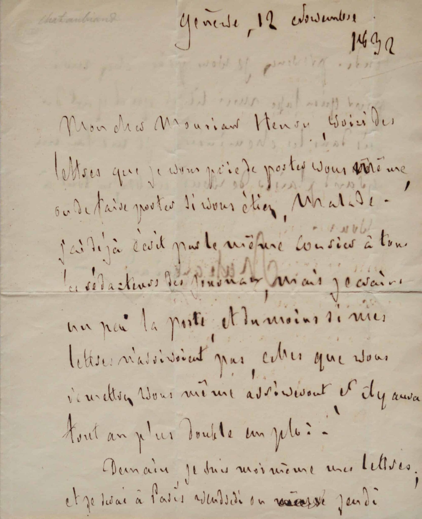 Belle lettre entièrement autographe de Chateaubriand, écrite de Genève – vue 3 Belle lettre entièrement autographe de Chateaubriand, écrite de Genève – vue 3