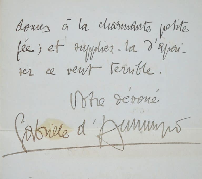 Belle lettre de Gabriele d&rsquo;Annunzio avec sa devise « dare in brocca », peut-être adressée à Emma Debussy