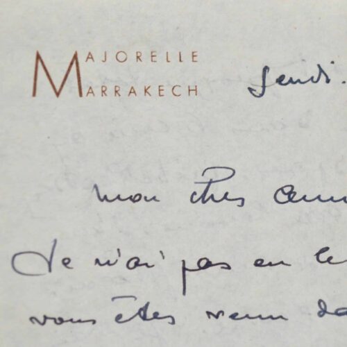 Rare lettre de Jacques Majorelle sur la création de son célèbre jardin à Marrakech