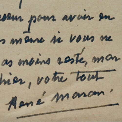 Belle lettre de René Maran, premier écrivain martiniquais lauréat du prix Goncourt, écrite durant l'Occupation