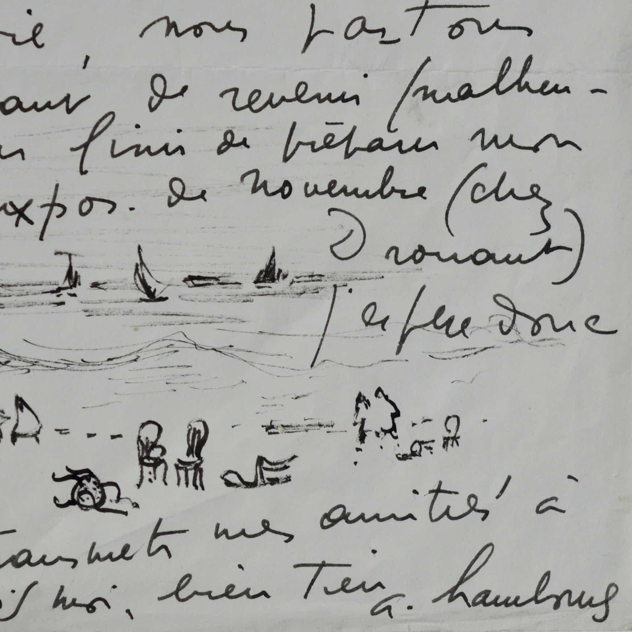 Jolie lettre d'André Hambourg illustrée de deux vues de plages et de mer