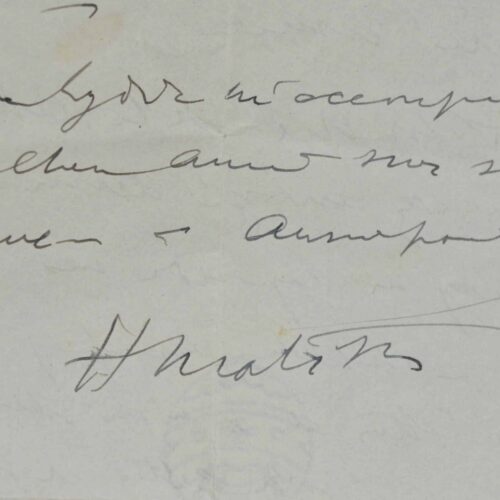 Lettre d'Henri Matisse adressée à la veuve de son ami le peintre Thorndike, à Nice