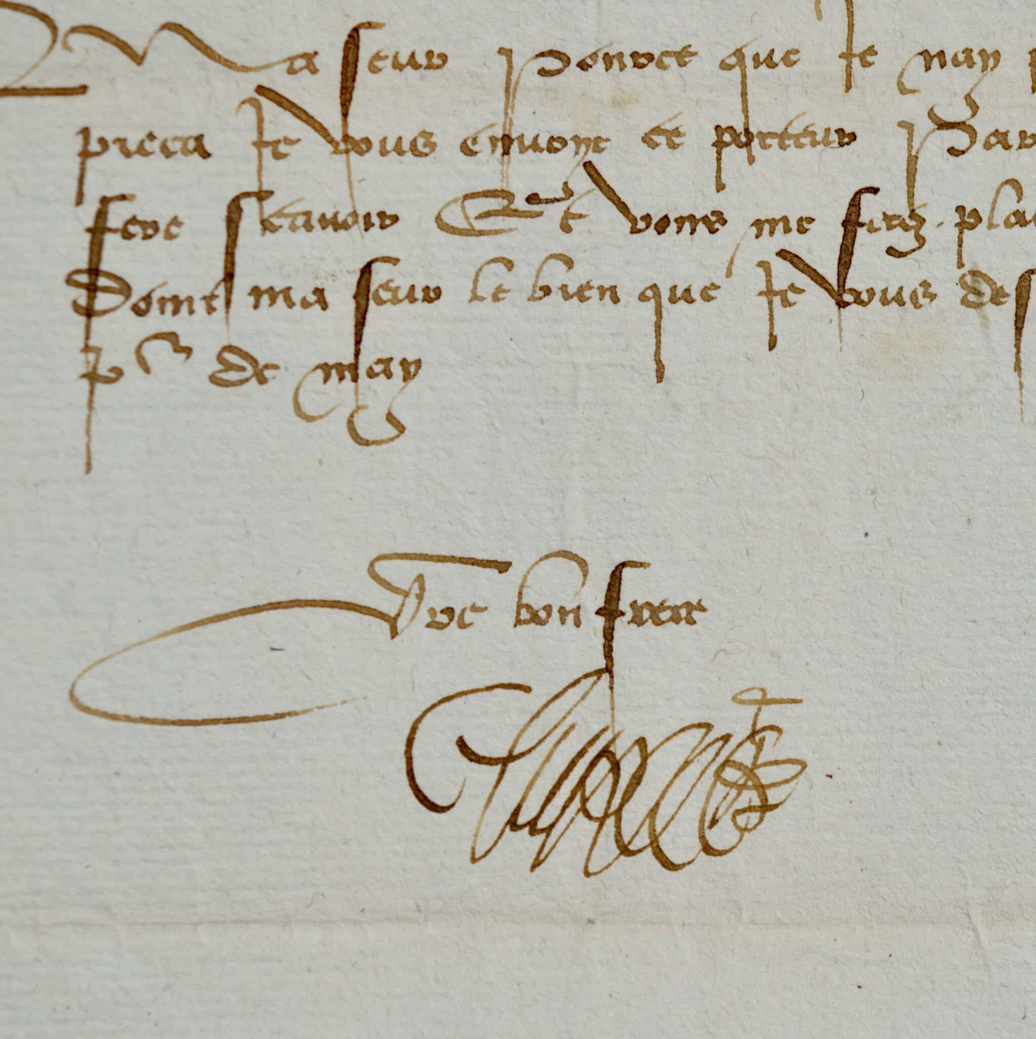 Rare lettre du duc Charles II de Savoie, à sa soeur Philiberte de Savoie duchesse de Nemours, vers 1520.