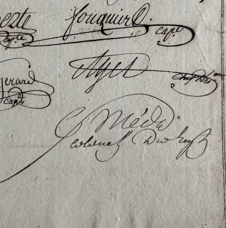 Certificat de services signé par le fameux Méda [Charles-André Merda] qui arrêta Robespierre