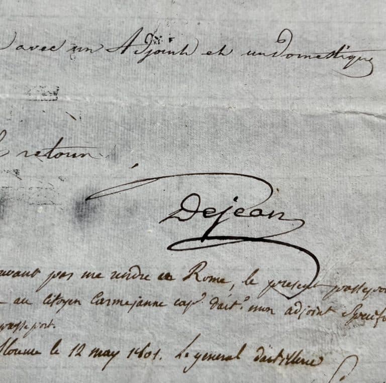 Beau passeport signé par le général Dejean, pour le général Savournin en partance pour l&rsquo;Italie