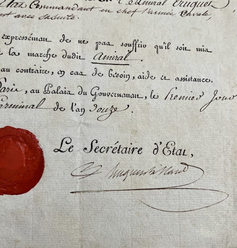 Beau passeport avec vignette « Bonaparte premier consul de la République, » pour l&rsquo;amiral Truguet