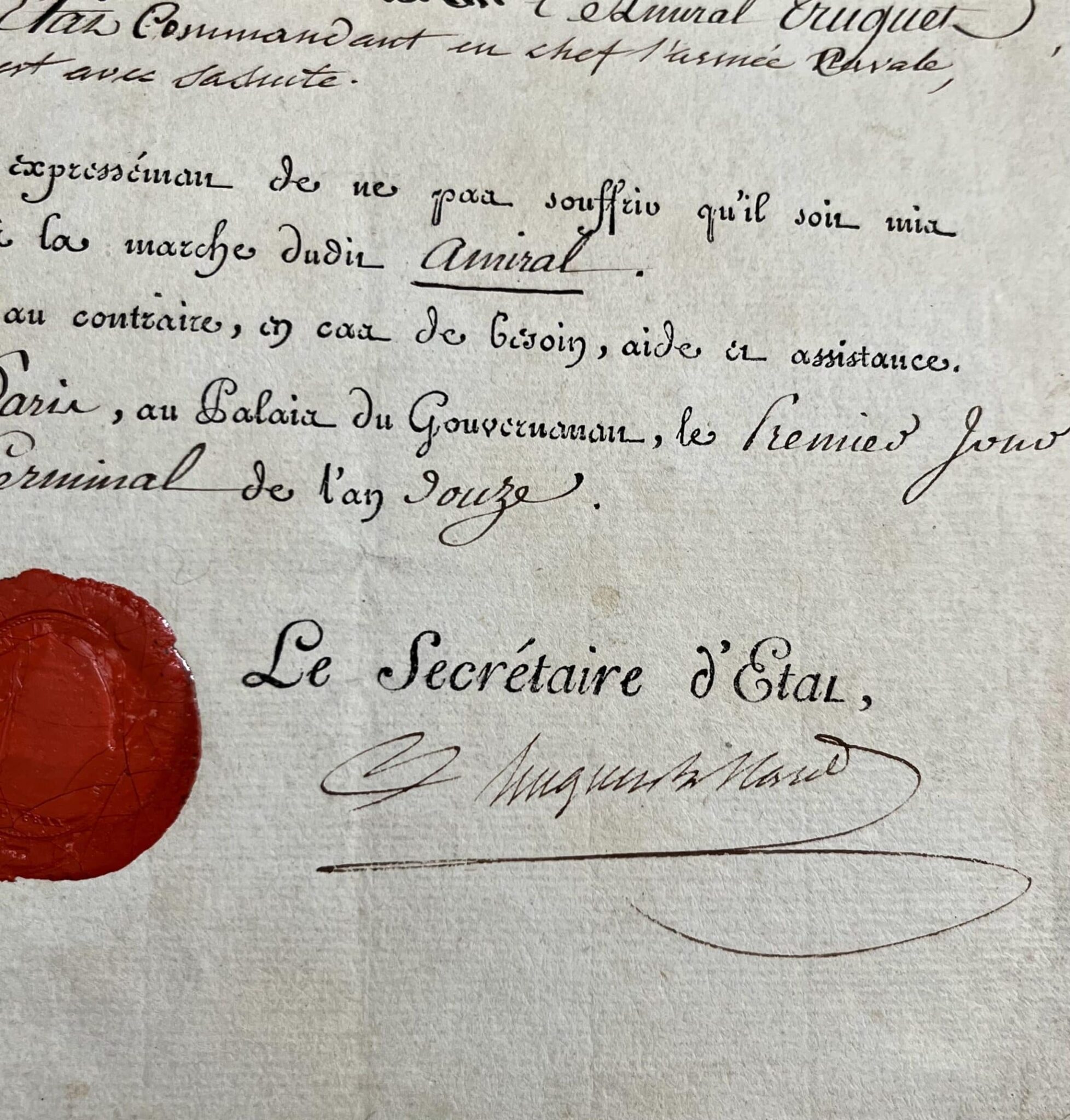 Beau passeport avec vignette « Bonaparte premier consul de la République, » pour l’amiral Truguet