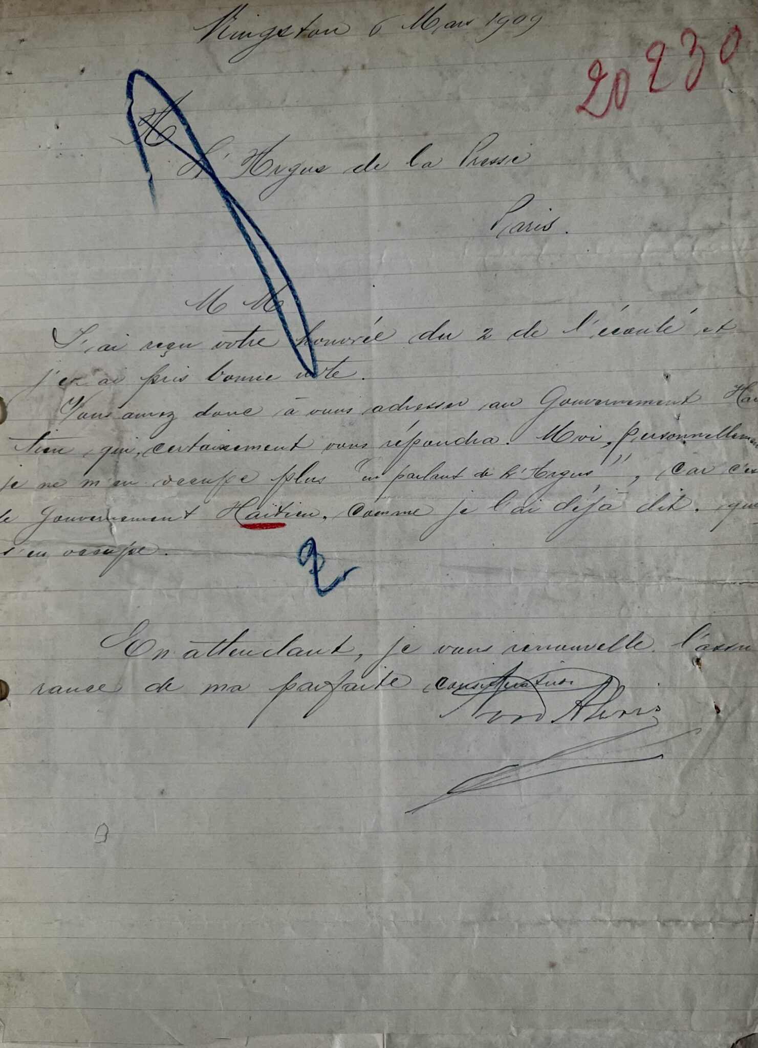 Lettre de l'ancien président d'Haïti Pierre Nord Alexis, datée de 1909 – vue 3 Lettre de l'ancien président d'Haïti Pierre Nord Alexis, datée de 1909 – vue 3