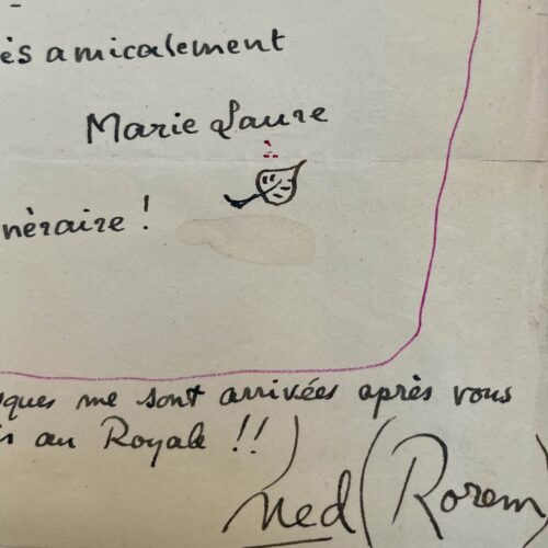 Lettre rédigée par Ned Rorem et sa protectrice Marie-Laure de Noailles, depuis la villa Noailles à Hyères