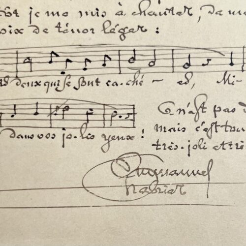 Amusante lettre d'Emmanuel Chabrier avec portée musicale rappelant une anecdote avec Massenet