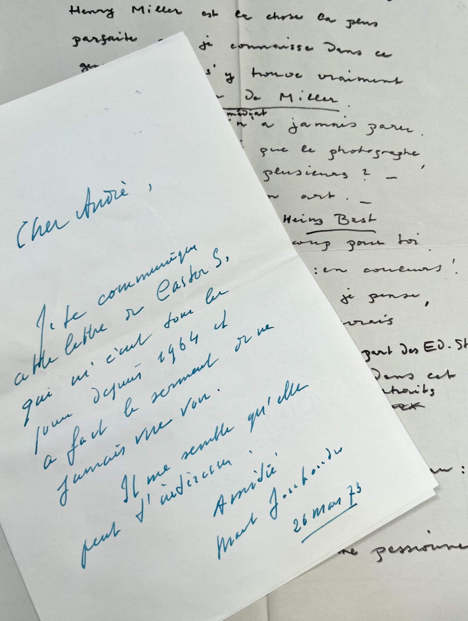 Lettre de Marcel Jouhandeau accompagnée d’une lettre amoureuse de Castor Siebel sur Henry Miller