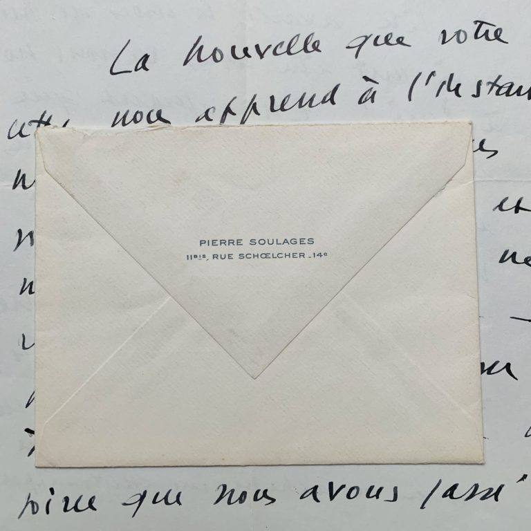 Lettre de Pierre Soulages à ses amis Caroline et Joseph Delteil