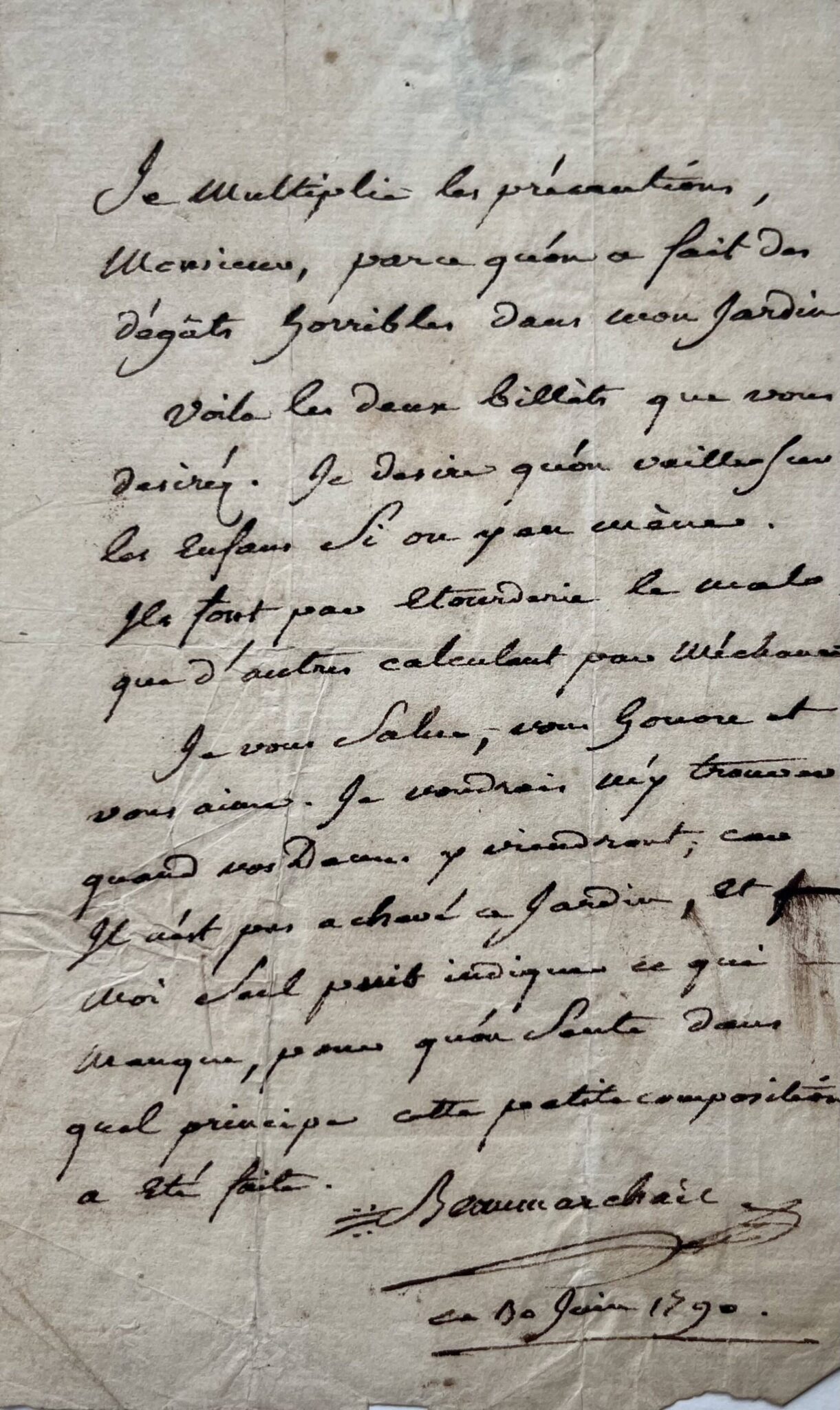 Charmante lettre de Beaumarchais sur son jardin – vue 2 Charmante lettre de Beaumarchais sur son jardin – vue 2
