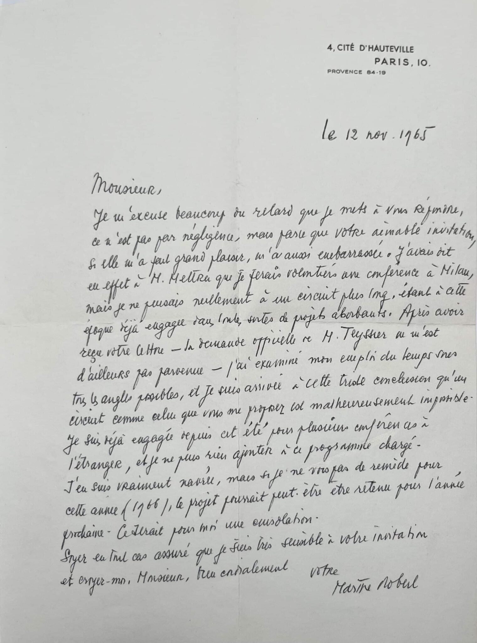 Marthe Robert ne peut pas participer au cycle de conférences de Marcel Spada – vue 2 Marthe Robert ne peut pas participer au cycle de conférences de Marcel Spada – vue 2