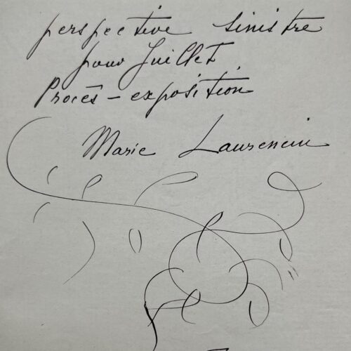 Amusante lettre avec petit dessin de Marie Laurencin au hussard Roger Nimier "Travaillez. Travaillez. Travaillez."