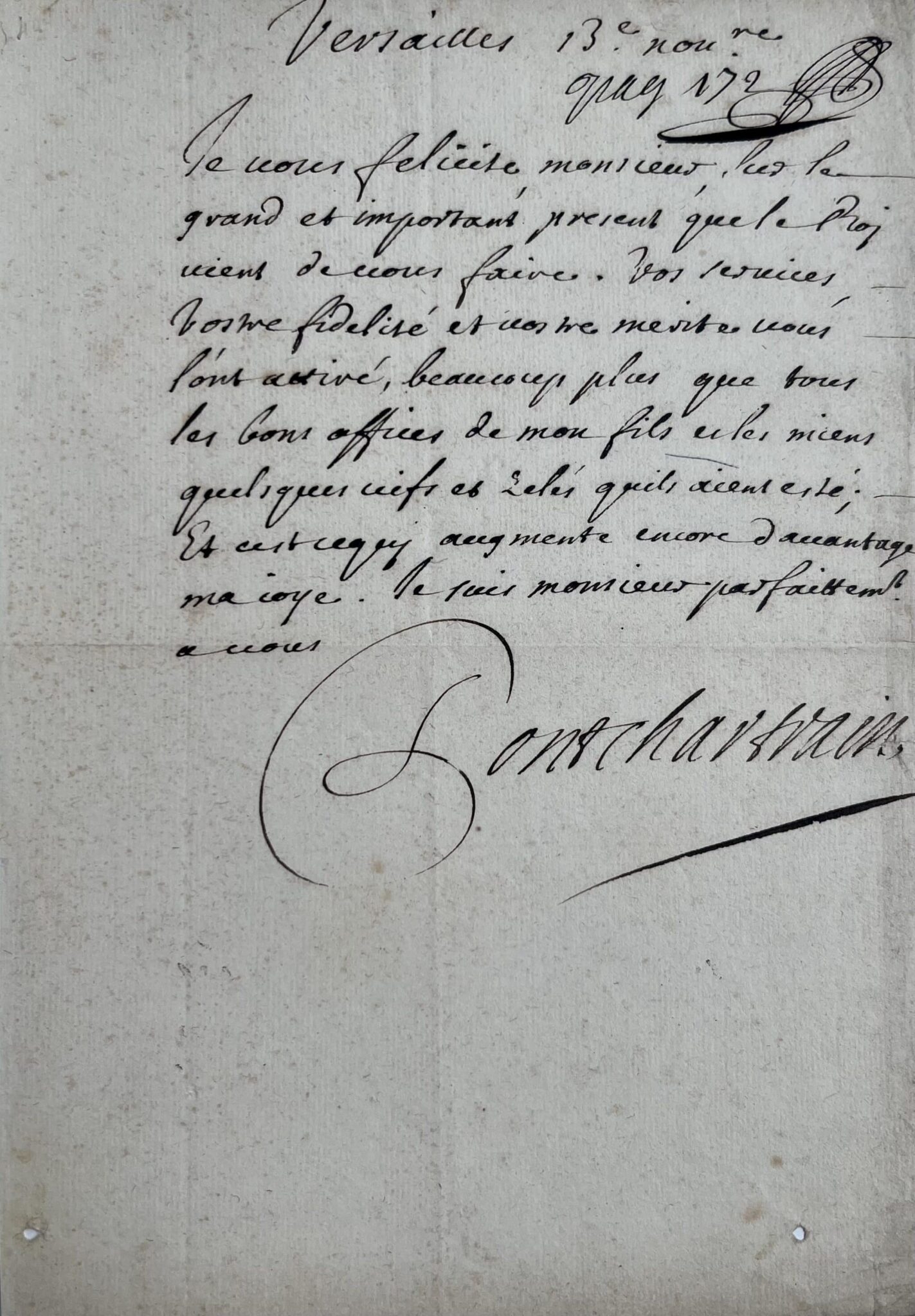 Les compliments de Pontchartrain à la suite d'un "présent important" du Roi – vue 2 Les compliments de Pontchartrain à la suite d'un "présent important" du Roi – vue 2