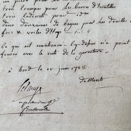 Expeditie La Pérouse: zeldzaam document ondertekend door de tweede in commando van L'Astrolabe, betreffende de uitrusting van het schip