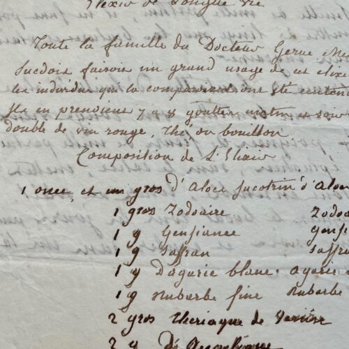 Recette manuscrite d'un "Elixir de longue vie" : ingrédients, préparation et usages
