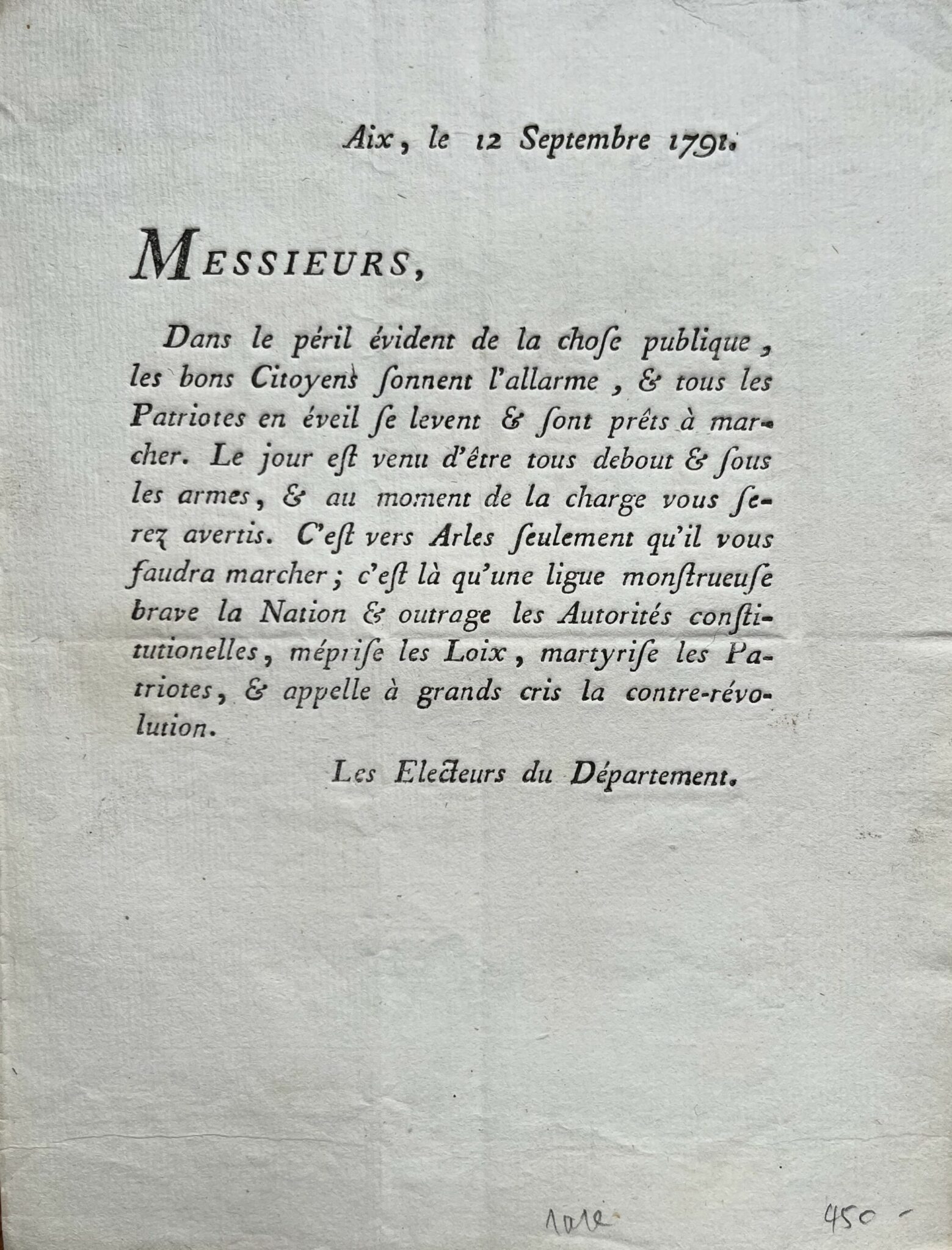 Appel au soulèvement pour marcher vers Arles et étouffer la contre-révolution – vue 2 Appel au soulèvement pour marcher vers Arles et étouffer la contre-révolution – vue 2