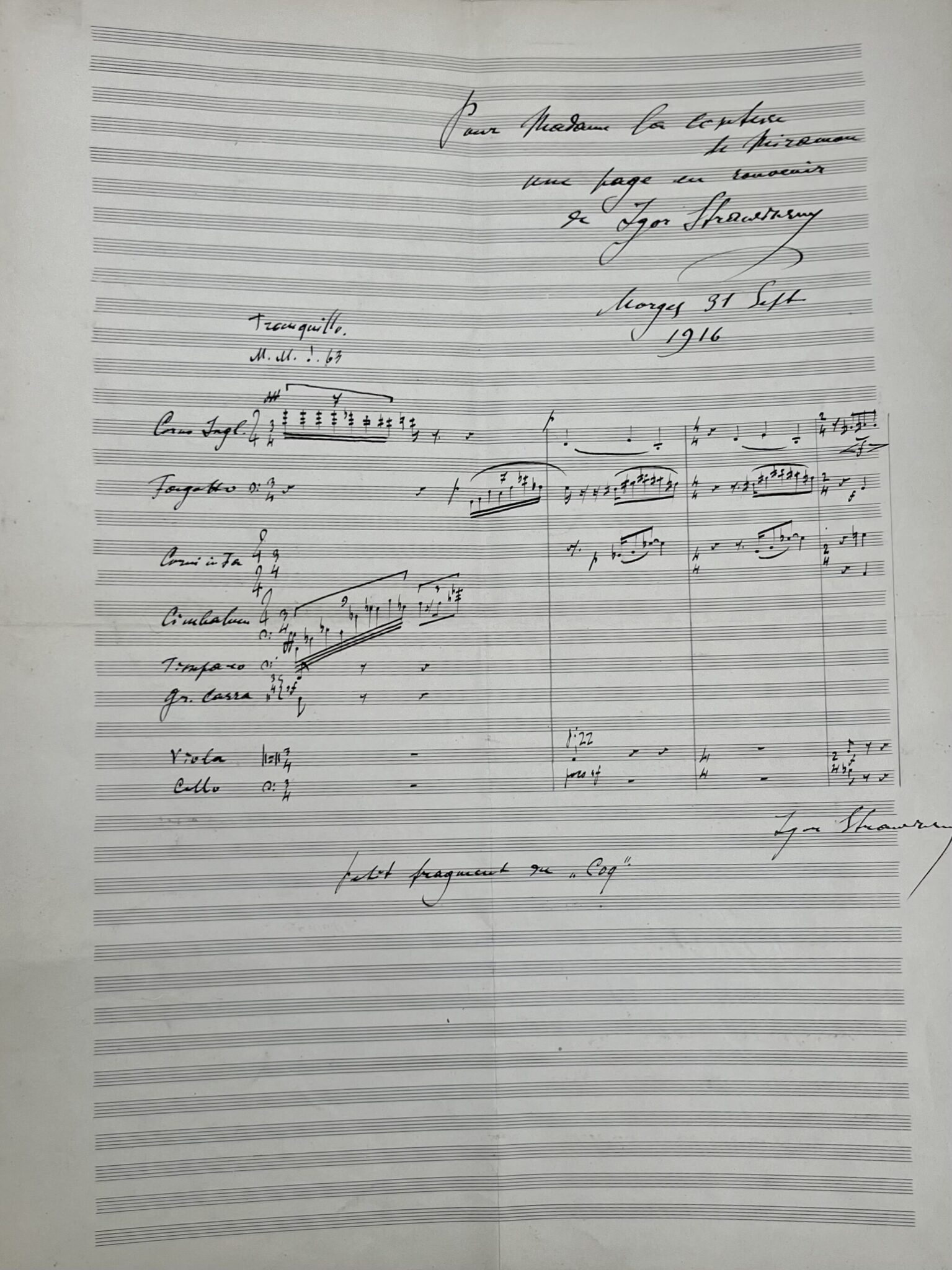 Spectaculaire manuscrit musical d'Igor Stravinsky extrait de "Renard" (1916) Spectaculaire manuscrit musical d'Igor Stravinsky extrait de "Renard" (1916)