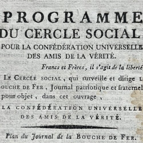 Imprimé déclinant le programme du club révolutionnaire maçonnique du Cercle social