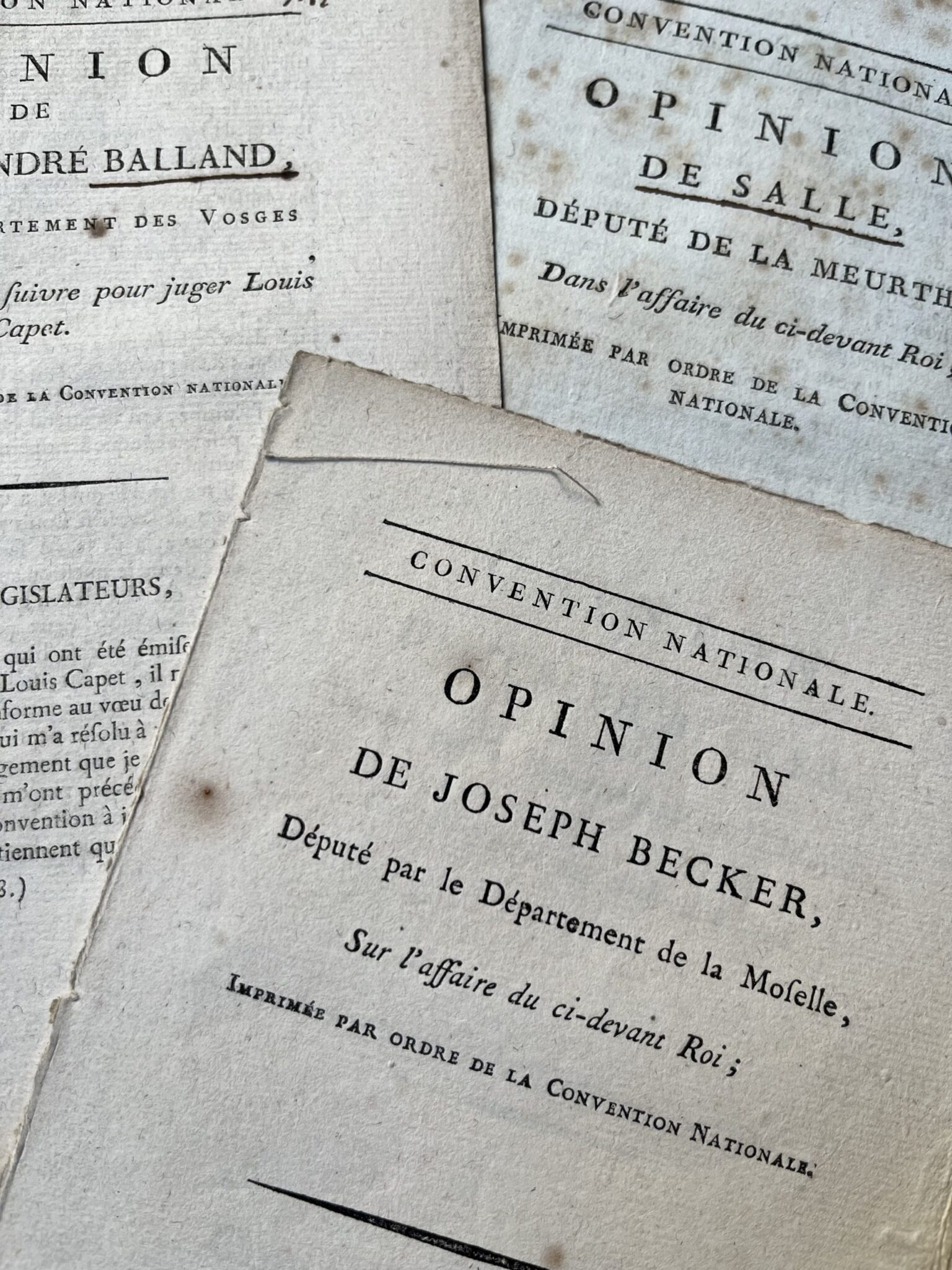 Ensemble de 3 imprimés relatifs au procès de Louis XVI, émanant de conventionnels lorrains Ensemble de 3 imprimés relatifs au procès de Louis XVI, émanant de conventionnels lorrains