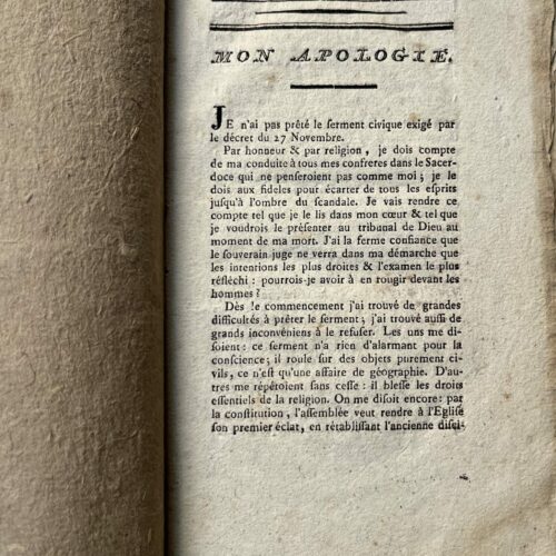 Brochure anonyme d'un prêtre ayant réfusé de prêter serment à la constitution civile du Clergé