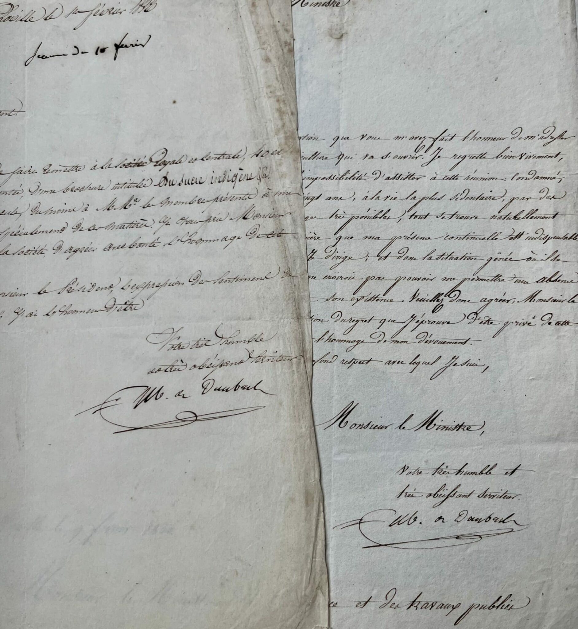 2 lettres de Mathieu de Dombasle, l’une sur la publication de sa brochure « Le Sucre indigène »