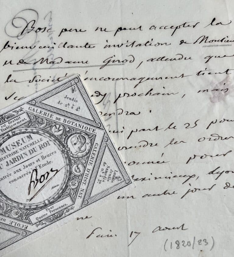Lettre du naturaliste Bosc d&rsquo;Antic, accompagnée d&rsquo;une carte d&rsquo;entrée au Muséum d&rsquo;Histoire naturelle