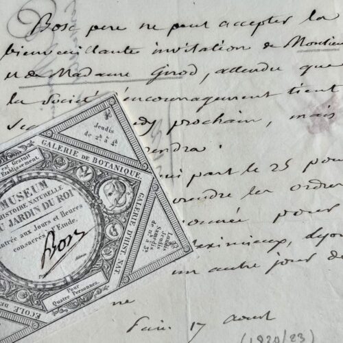 Lettre du naturaliste Bosc d'Antic, accompagnée d'une carte d'entrée au Muséum d'Histoire naturelle