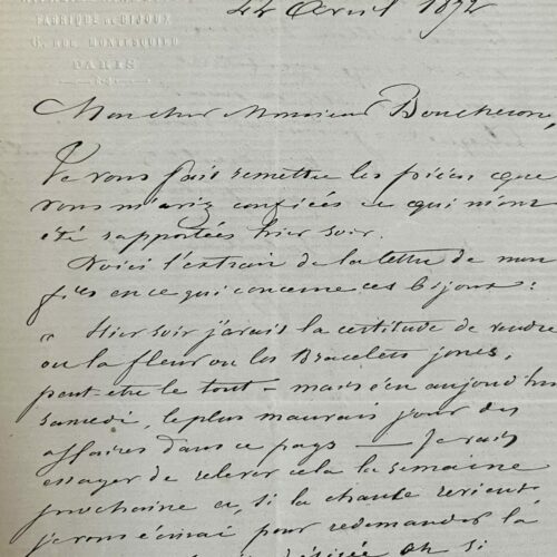 Rare lettre du joaillier Alexis Falize à Frédéric Boucheron, fondateur de la marque, à propos de bijoux