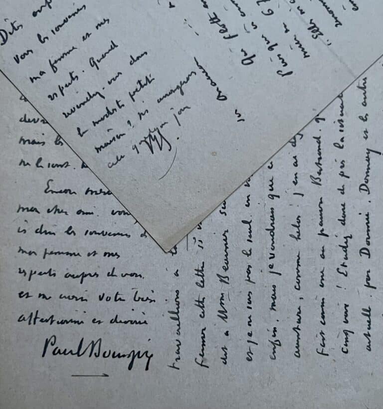 Deux longues lettres de Paul Bourget sur la défense de ses maîtres en littérature et le syle dans le roman