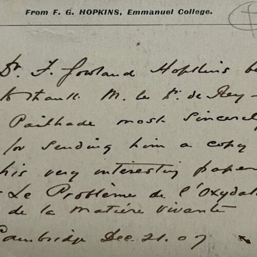 Carte autographe du prix Nobel, découvreur des vitamines, Frederick Gowland Hopkins
