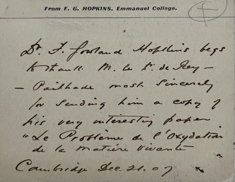 Carte autographe du prix Nobel, découvreur des vitamines, Frederick Gowland Hopkins