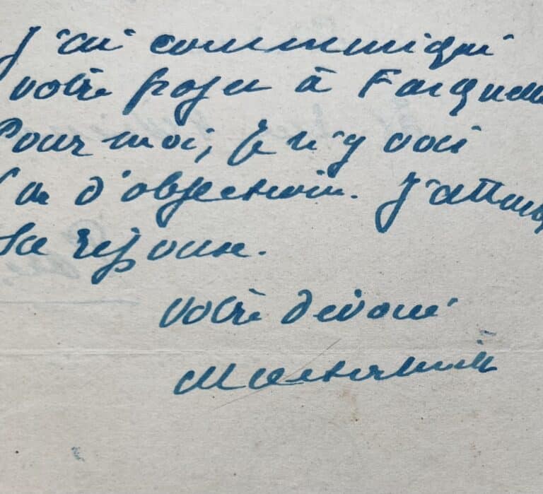 Maurice Maeterlinck transmet un projet à Eugène Fasquelle
