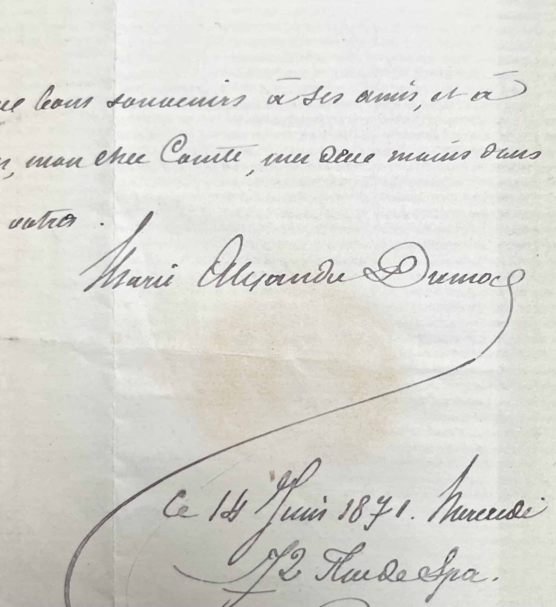 Lettre de Marie Alexandre Dumas, fille de l'illustre écrivain, datée de 1871 – vue 2 Lettre de Marie Alexandre Dumas, fille de l'illustre écrivain, datée de 1871 – vue 2