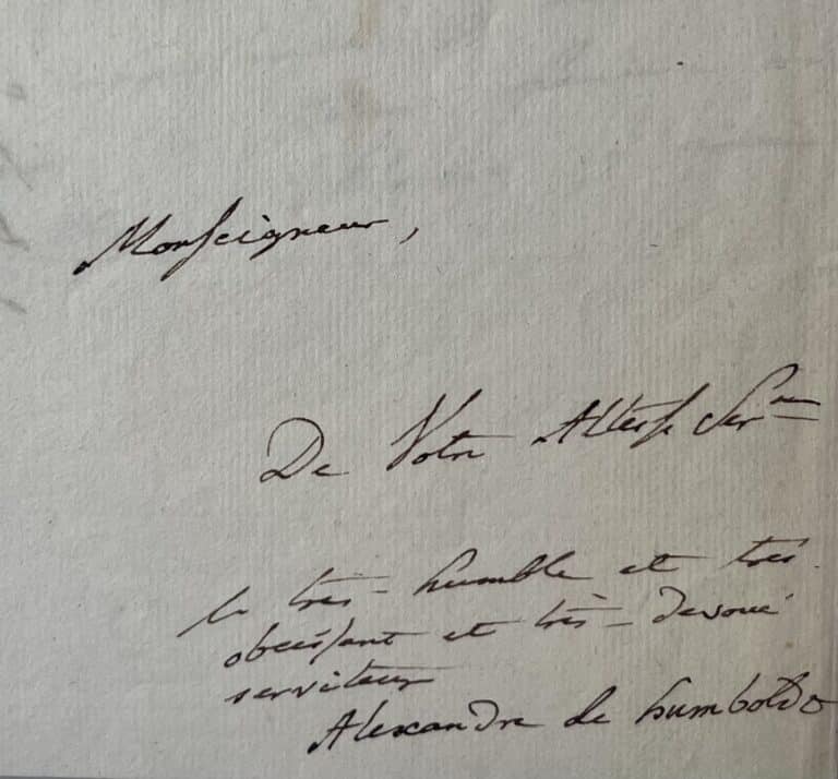 Belle lettre d&rsquo;Alexander von Humboldt au roi de Prusse Frédéric-Guillaume III