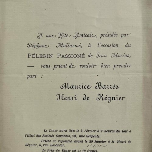 Maurice Barrès, Henri de Régnier et Stéphane Mallarmé célèbrent le "Pèlerin passionné" de Jean Moréas