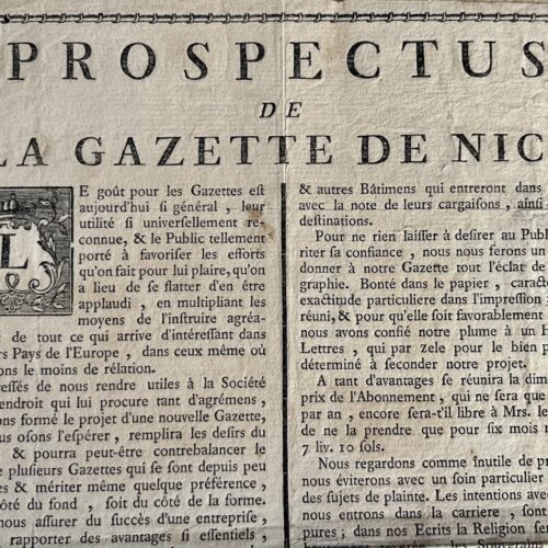 Seltenes Plakat zur Ankündigung der Veröffentlichung der "Gazette de Nice" im Jahr 1772