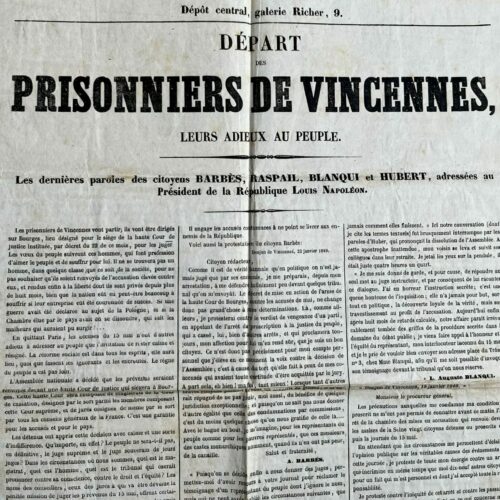 Plakat aus dem Jahr 1848, das den Abtransport der Gefangenen Barbès, Raspail und Blanqui aus Vincennes darstellt