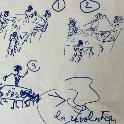 Françoise Sagan dessine, sous forme de bande dessinée, une réunion qui dégénère en révolution