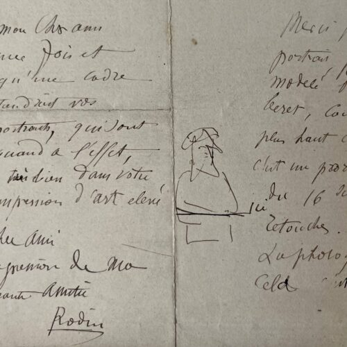 Importante lettre d'Auguste Rodin illustrée d'un autoportrait au béret