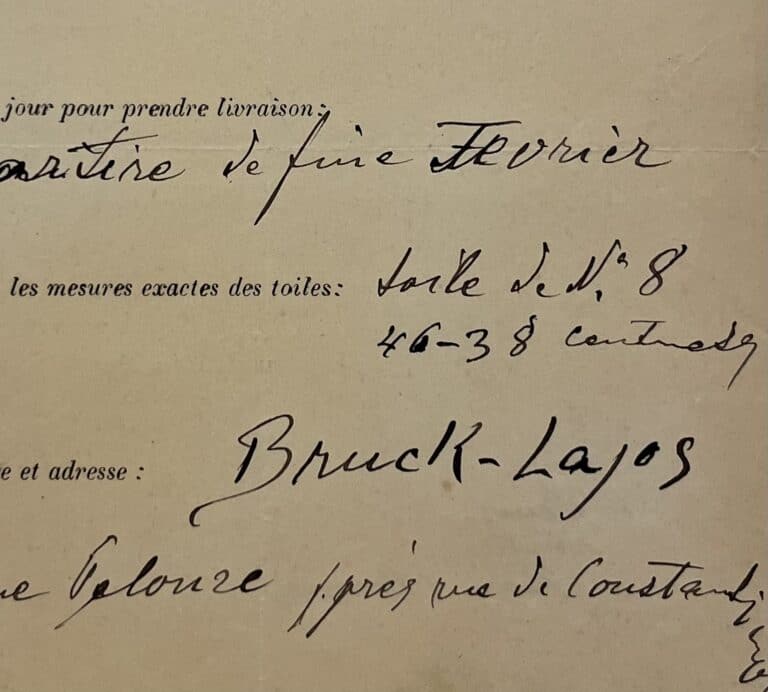 Fiche d&rsquo;exposition d&rsquo;un tableau, complétée et signée par le peintre hongrois Lajos Bruck