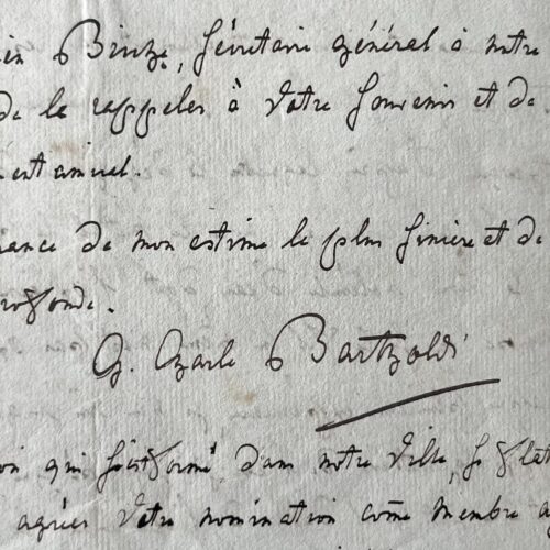 Een lange wetenschappelijke brief van chemicus Georges-Charles Bartholdi waarin hij zijn experimenten met batterijen beschrijft