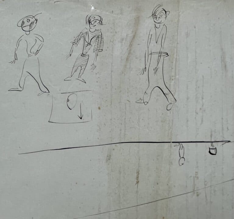 3 dessins de Saint-Exupéry esquissés à la plume au dos du brouillon d&rsquo;un dialogue entre pilotes