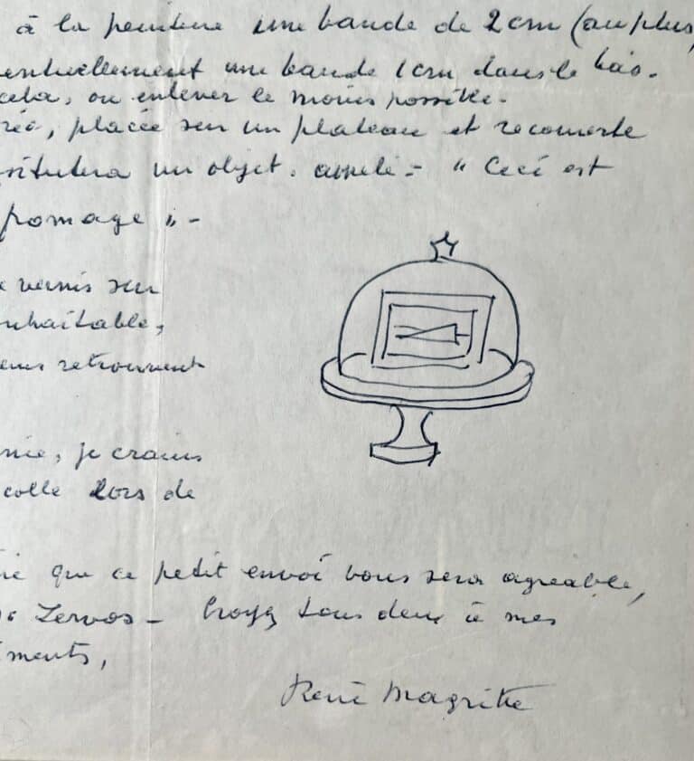 Lettre de Magritte à Yvonne Zervos illustrée de deux dessins : « Ceci est un morceau de fromage »