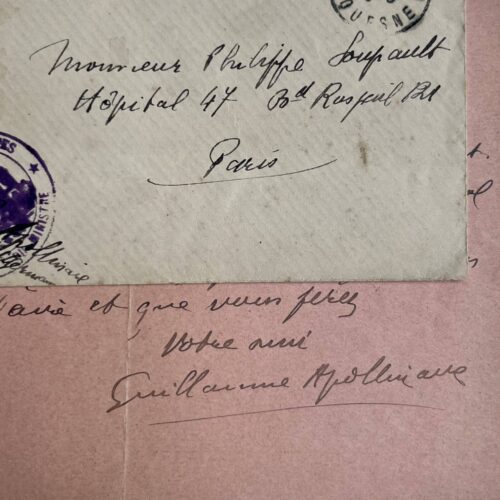 Lettre de Guillaume Apollinaire à Philippe Soupault, soigné à l'hôpital, en 1918